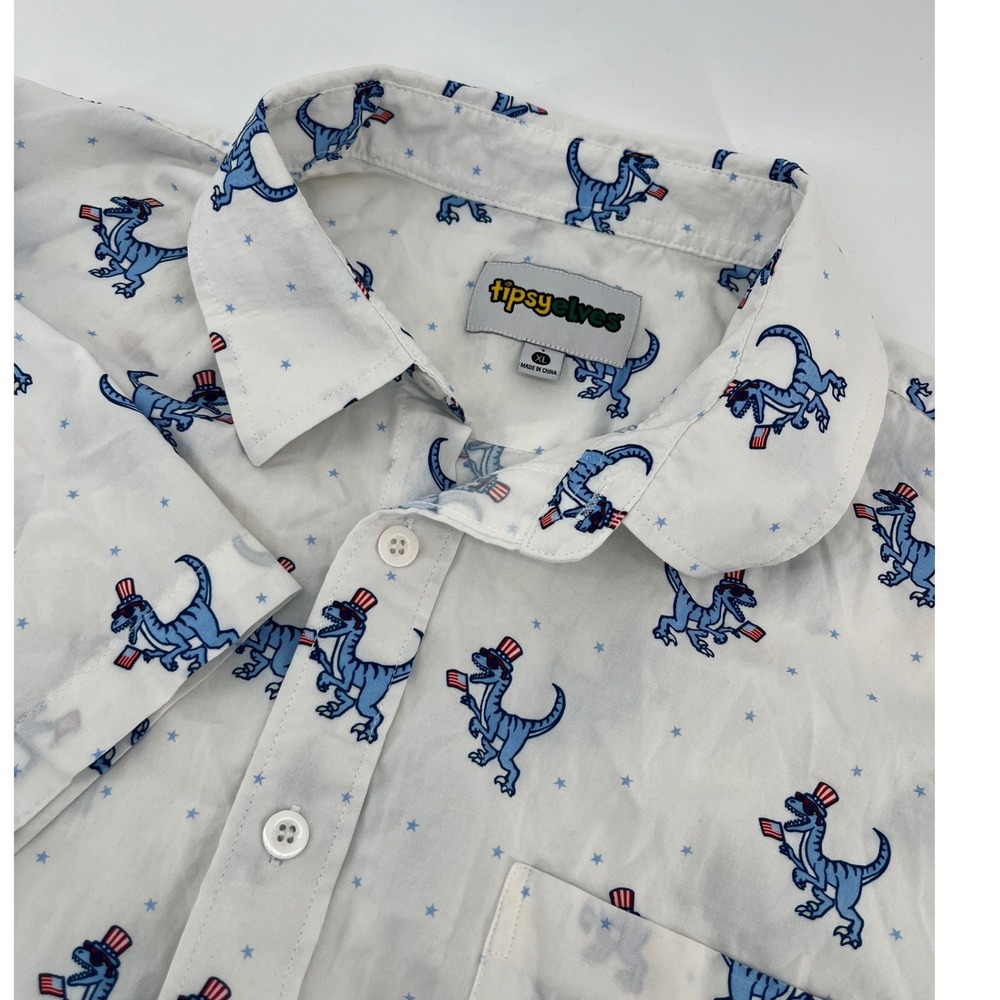 Tipsy Elves Button Down Shirt Mens XL Patriotic Raptor Dinosaur American Flag